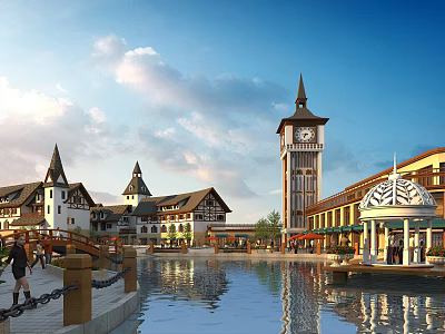 Scenic Commercial Complex With European Architecture Clock Tower Water Pool And Pedestrian Area 3d model
