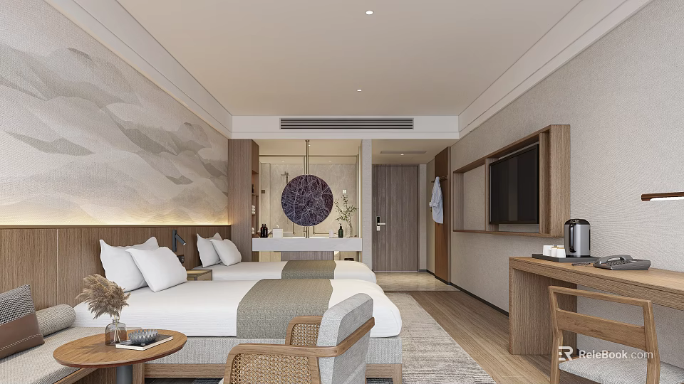 Elegant Hotel Guest Room Interior With Double Beds Decorative Wall TV And Wooden Desk Chair 3d model 