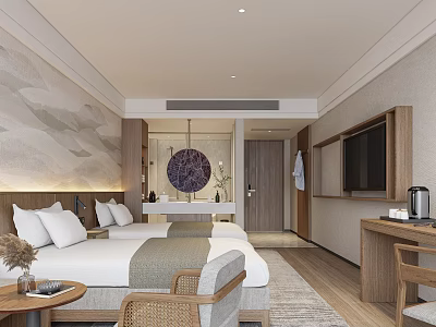 Elegant Hotel Guest Room Interior With Double Beds Decorative Wall TV And Wooden Desk Chair 3d model