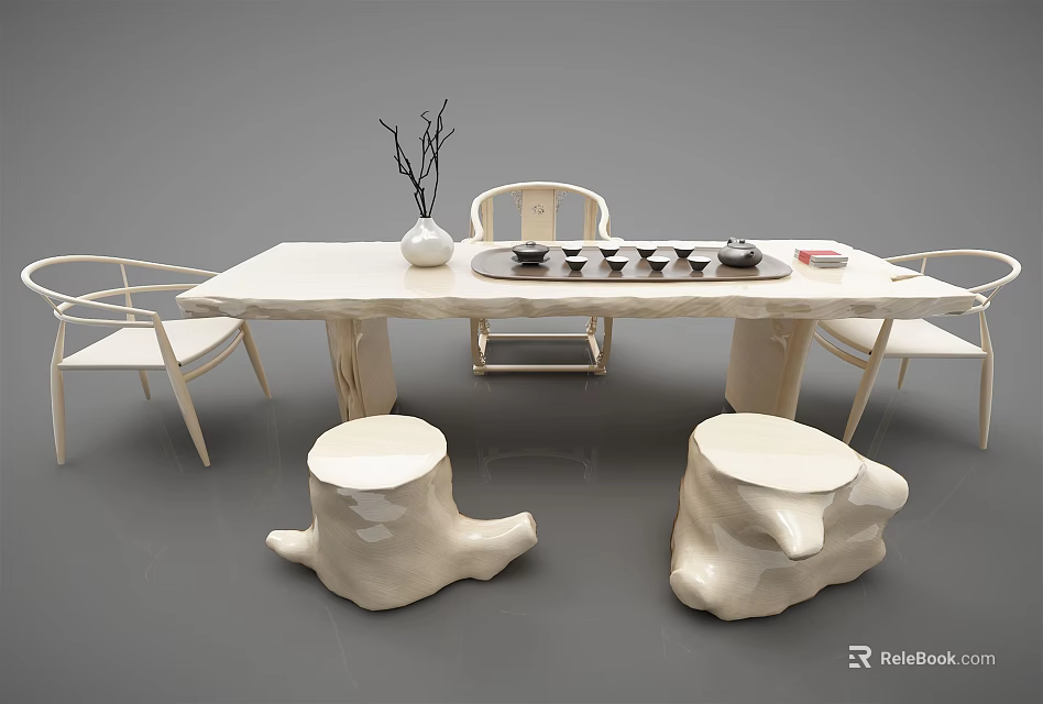 Modern Minimalist Tea Table And Chairs With Stump Stools Tea Set And Vase 3d model