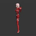 Game Movie Character in Red Sleek Outfit with Pink Hair and Futuristic Design