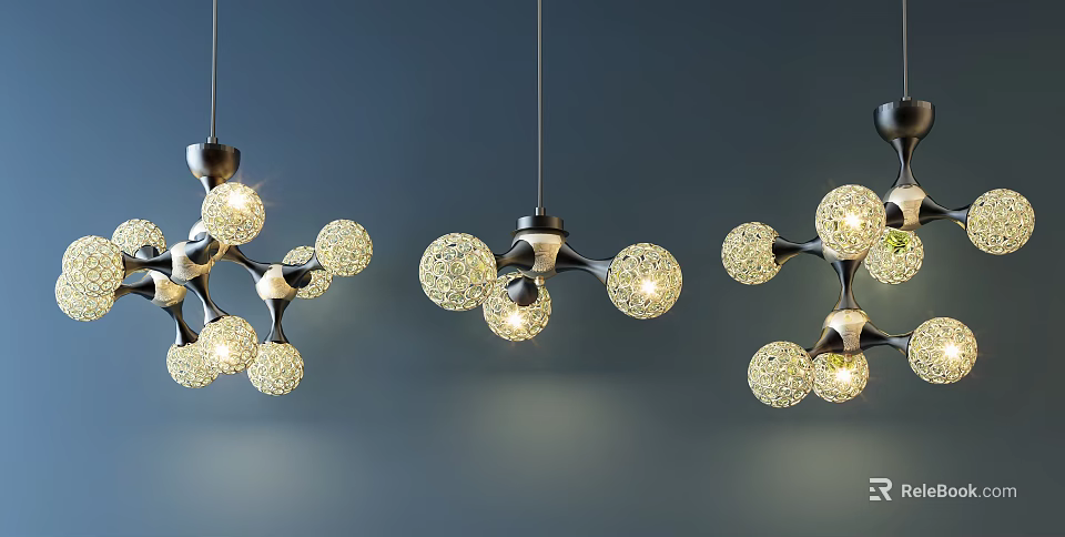 Elegant Crystal Chandeliers With Spherical Bulbs And Warm Light On Deep Blue Background 3d model 