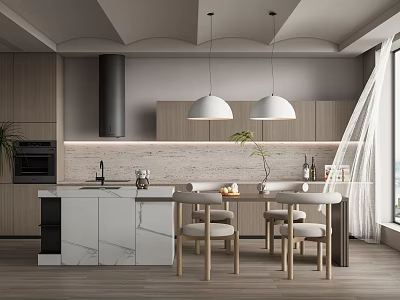 Modern Restaurant Interior With Wooden Decor Pendant Lights And Marble Dining Table 3d model