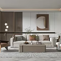 Modern Living Room Interior With Beige Sofa Coffee Table Round Mirror And Area Rug