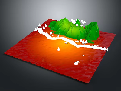 3D Red Terrain Model With Green Mountains White River And Trees 3d model