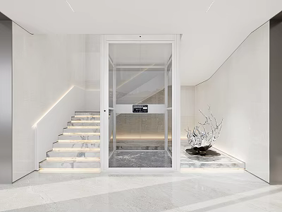 Modern Luxury Elevator Interior Design With Glass Door And Marble Staircase 3d model
