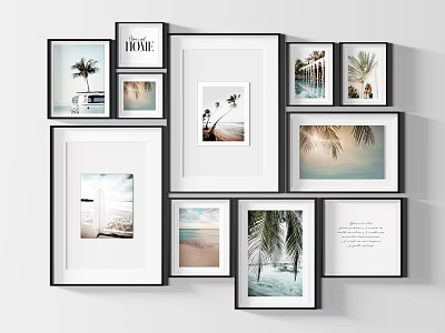 Gallery Wall with Framed Art Featuring Beach Scenery Palm Trees and Nature 3d model