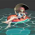 Game Movie Character In Straw Hat Bikini On Watermelon Inflatable Ring Over Grid Patterned Ground