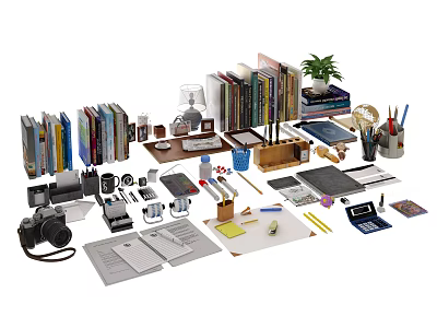 Collection of Office Supplies Including Books Lamp Camera and Notebooks 3d model