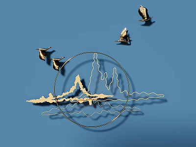Golden Wall Decor With Mountain Shape Wave Lines And Flying Birds On Blue Background 3d model