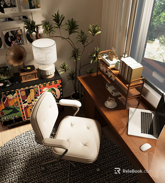 Study Room Interior With Wooden Desk White Chair Laptop Coffee Cup Potted Plant Table Lamp 3d model 