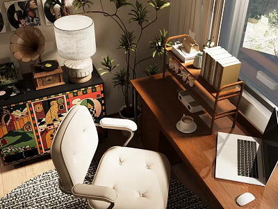 Study Room Interior With Wooden Desk White Chair Laptop Coffee Cup Potted Plant Table Lamp 3d model