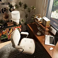 Study Room Interior With Wooden Desk White Chair Laptop Coffee Cup Potted Plant Table Lamp