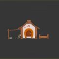 Cartoon Style Small Cottage With Thatched Roof Porch White Walls And Wooden Fence