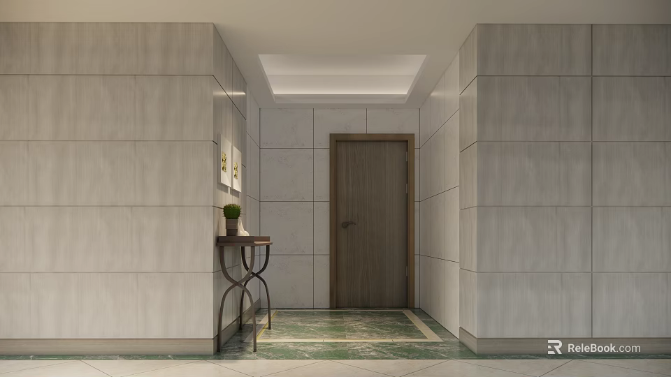 Modern Entryway Hallway With Gray Walls White Ceiling Wooden Door And Green Marble Flooring 3d model 