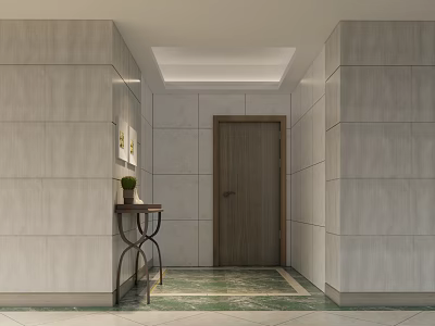 Modern Entryway Hallway With Gray Walls White Ceiling Wooden Door And Green Marble Flooring 3d model