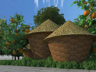 Charming Rustic Garden Landscape With Unique Thatched Granary Buildings And Lush Fruit Trees 3d model