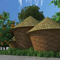 Charming Rustic Garden Landscape With Unique Thatched Granary Buildings And Lush Fruit Trees