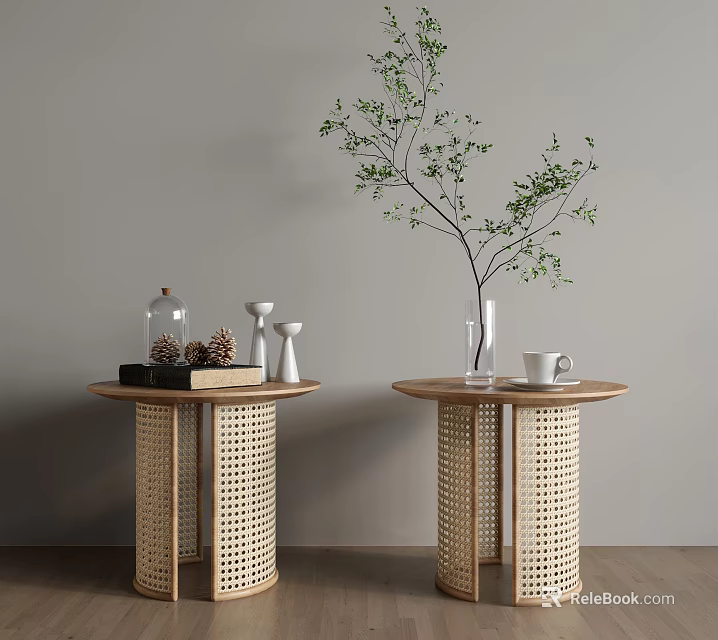 Round Rattan Design Side Tables With Decorative Items Vase Branch And Cup 3d model 