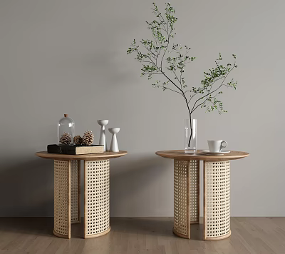 Round Rattan Design Side Tables With Decorative Items Vase Branch And Cup 3d model