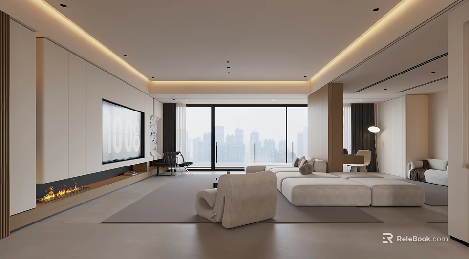 Modern Minimalist Open Living And Dining Room With Panoramic City View And Soft Warm Lighting 3d model 