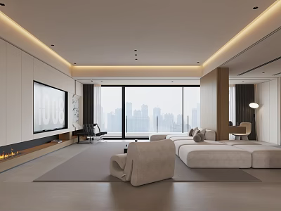 Modern Minimalist Open Living And Dining Room With Panoramic City View And Soft Warm Lighting 3d model