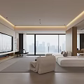 Modern Minimalist Open Living And Dining Room With Panoramic City View And Soft Warm Lighting