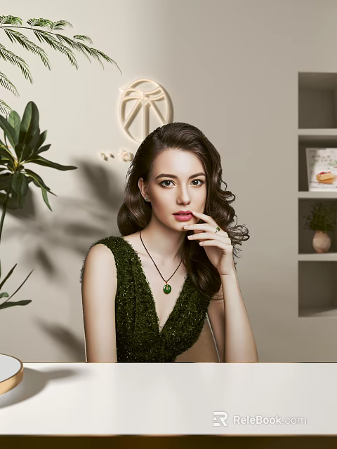 Woman With Green Sequined Dress Green Necklace Brown Curly Hair Near Plant Bookshelf And Painting 3d model 