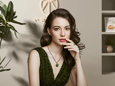 Woman With Green Sequined Dress Green Necklace Brown Curly Hair Near Plant Bookshelf And Painting 3d model
