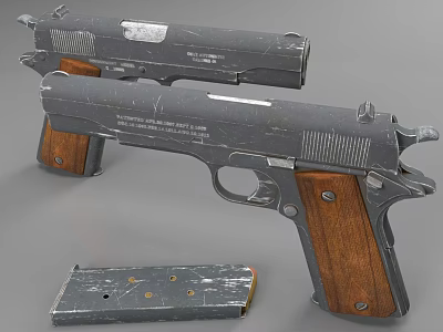 Vintage Military Pistols With Wooden Grips And Worn Metal Finish Including Magazine 3d model