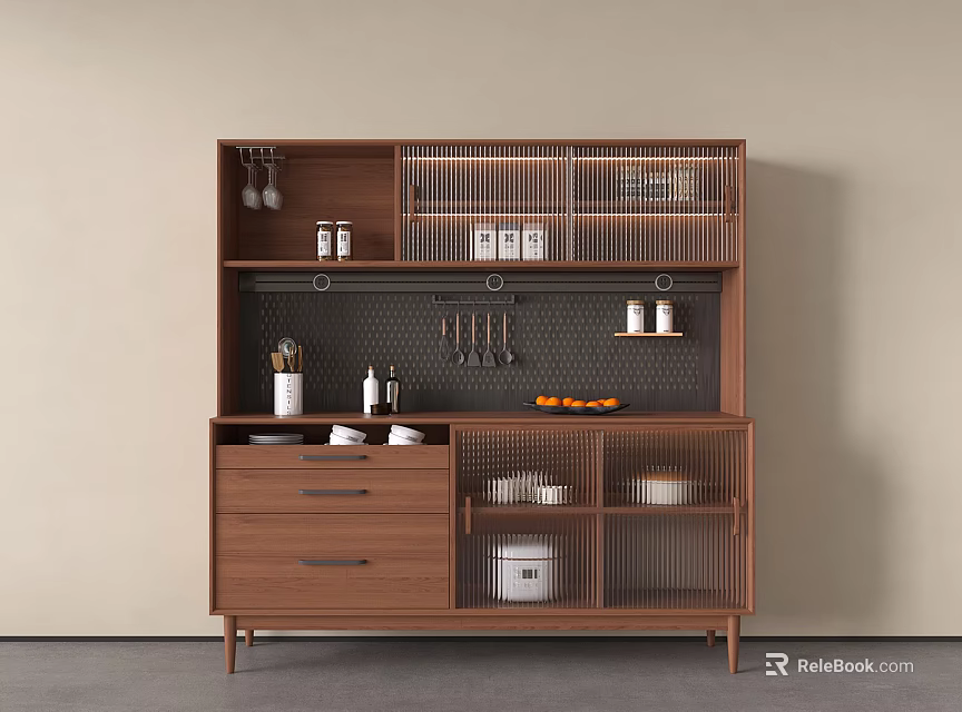 Modern Wooden Sideboard With Grid Design Open Shelves And Storage Drawers 3d model 