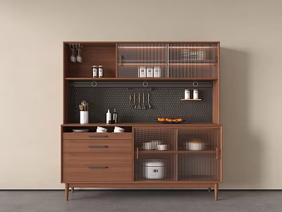 Modern Wooden Sideboard With Grid Design Open Shelves And Storage Drawers 3d model