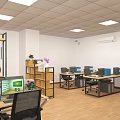 Modern Public Office Space With Open Layout Wooden Shelves And Green Plants