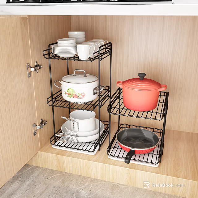 Kitchen Cabinet Storage With Black Metal Shelves Holding Cookware And Dinnerware 3d model 