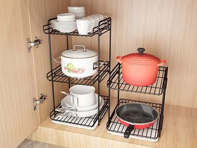 Kitchen Cabinet Storage With Black Metal Shelves Holding Cookware And Dinnerware 3d model