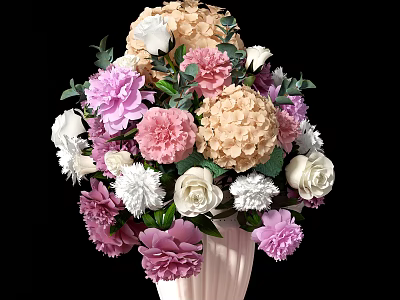 Beautiful Pink Vase with Fresh Colorful Flowers Roses Hydrangeas and Green Leaves 3d model