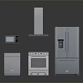 Modern Stainless Steel Kitchen Electrical Appliances Including Microwave Range Hood Refrigerator And Oven