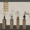 Chinese Style Flower Arrangements In Various Vases On Wooden Pedestals With Calligraphy Background