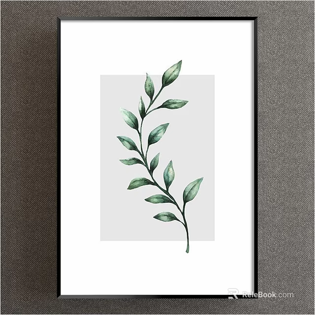 Watercolor Plant Painting With Green Leaf Branch Framed Minimalist Wall Art 3d model 