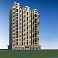 Modern High Rise Residential Building Facade With Large Windows Green Lawn And Blue Sky