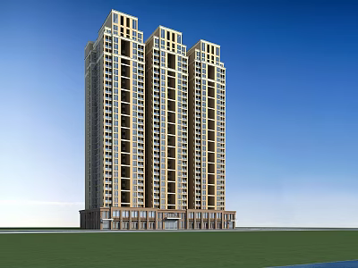 Modern High Rise Residential Building Facade With Large Windows Green Lawn And Blue Sky 3d model