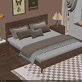 Wooden Double Bed With LED Headboard Pillows Nightstands Table Lamp And Checkered Rug