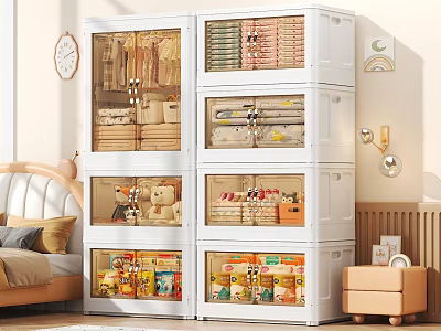 Modern Multi Layer Storage Cabinet With Transparent Doors Organizing Clothes Toys And Snacks In Bedroom 3d model