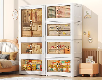 Modern Multi Layer Storage Cabinet With Transparent Doors Organizing Clothes Toys And Snacks In Bedroom 3d model