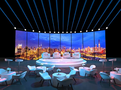 Modern Event Space With Round Stage Large Screen City Night View And White Seating 3d model