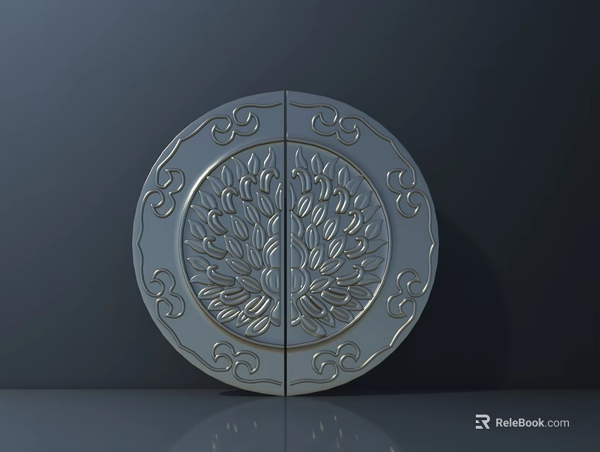 Circular Silver Door Handle With Decorative Patterns And Tree Design On Reflective Surface 3d model 