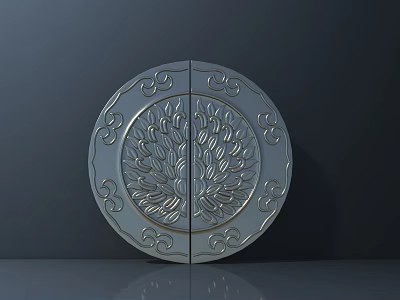 Circular Silver Door Handle With Decorative Patterns And Tree Design On Reflective Surface 3d model