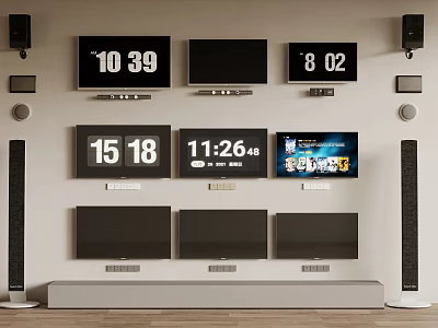 Multiple Wall Mounted TVs Displaying Time And Different Screens With Speakers 3d model