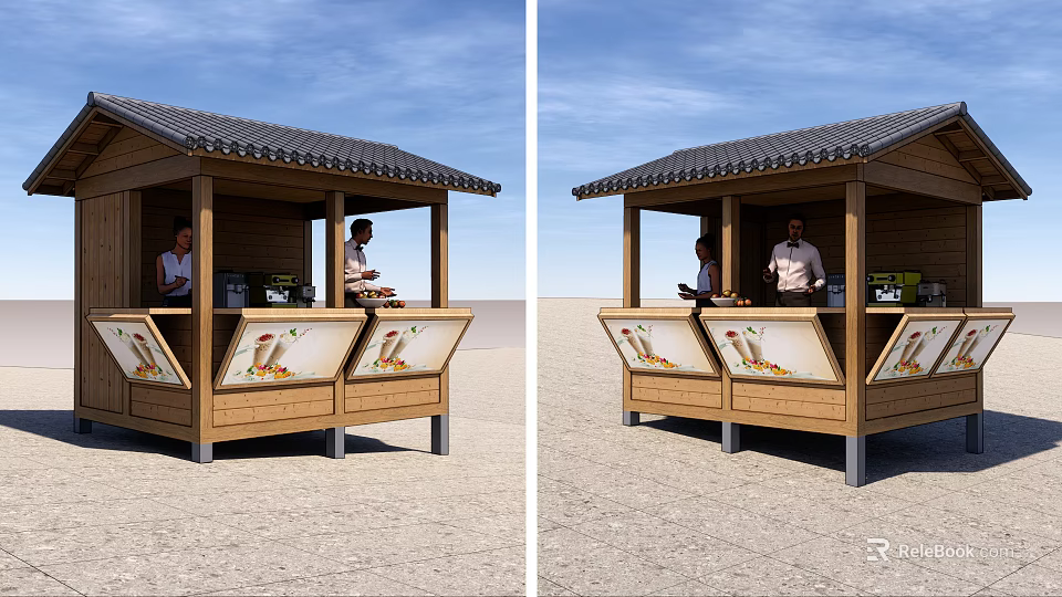 Wooden Outdoor Kiosk With Sloped Roof Vendors And Food Display Boards In Sandy Area 3d model 