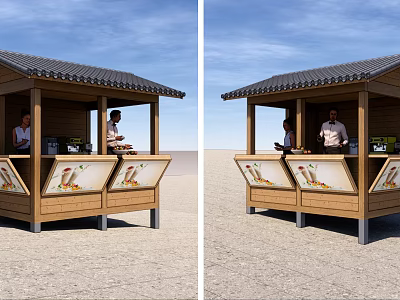 Wooden Outdoor Kiosk With Sloped Roof Vendors And Food Display Boards In Sandy Area 3d model